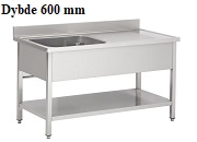 Stålbord med vask med underhylde - Dybde 600 mm